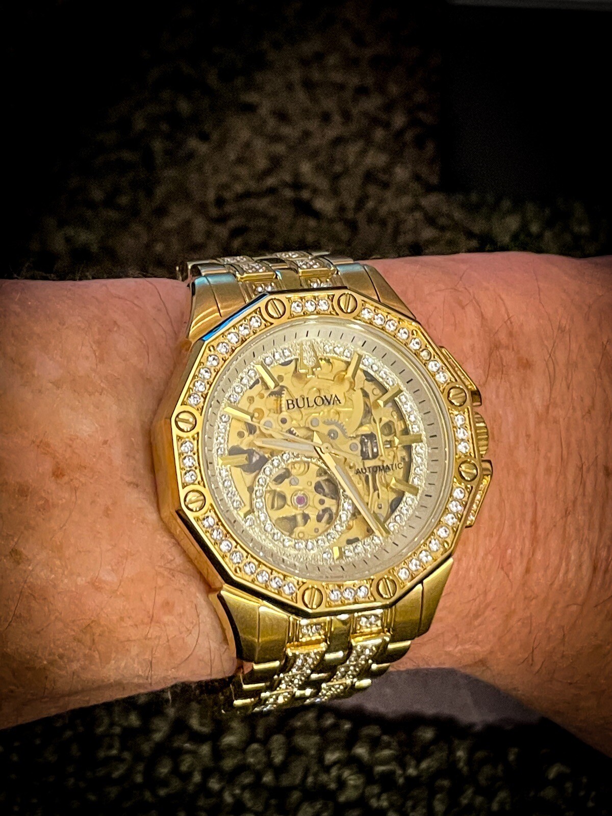 Bulova 98A292 Octava Crystal Gold Tone 42 mm Skeleton Dial Automatic Men’s Watch