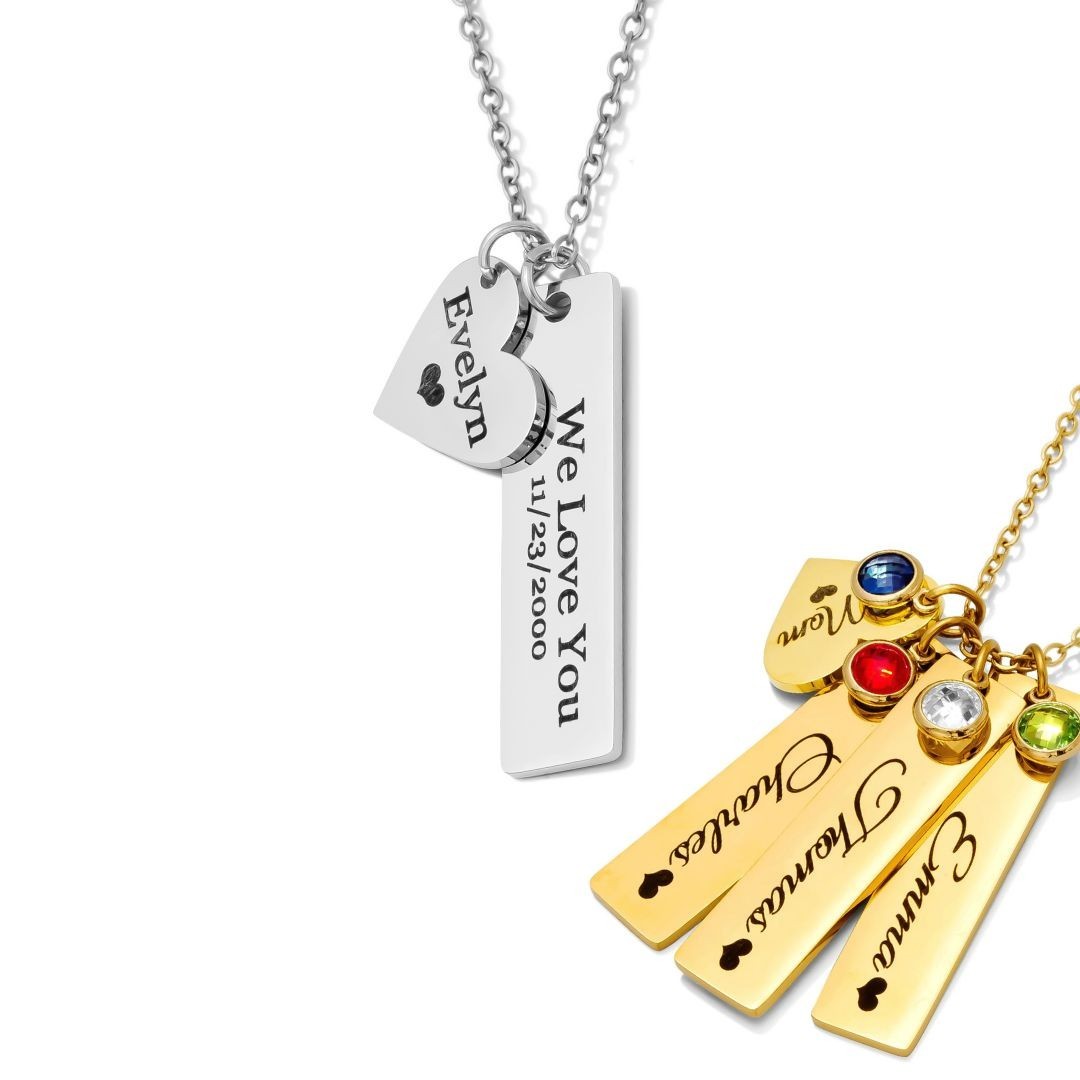 Necklace – Personalized Heart Name Engraved Bars With Birthstone for Women/Men