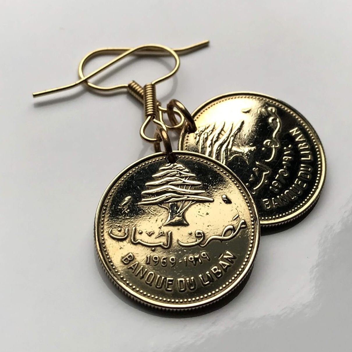 Lebanon Liban 10 Piastres coin earrings cedar tree Beirut Tripoli Baabda e000142