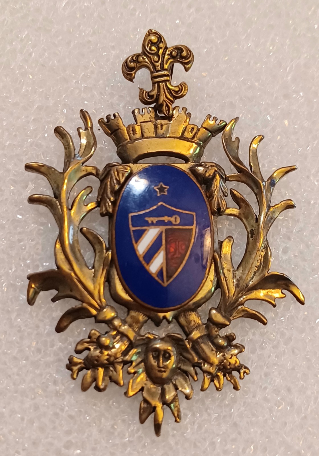 Vintage 60’s Floral Enamel Coat of Arms Brass Pendant