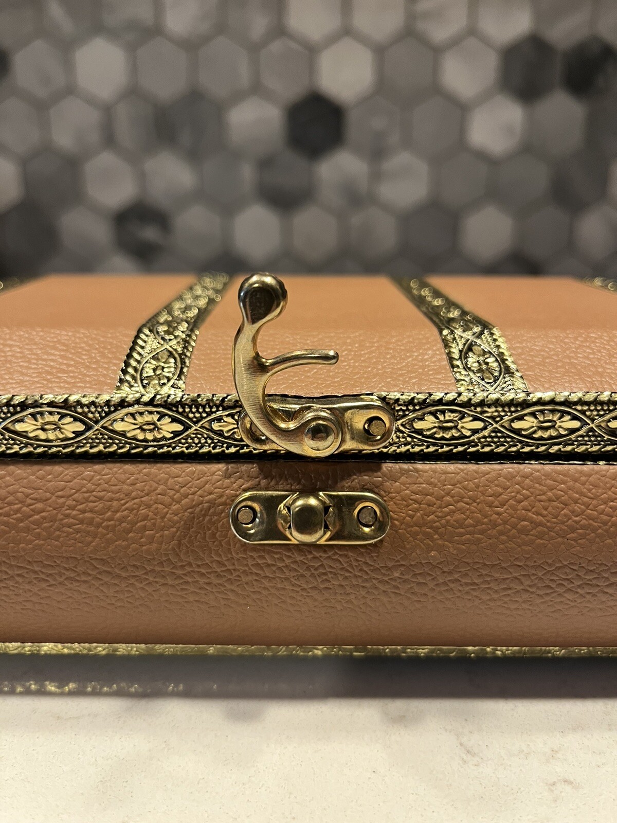 Vintage Trinket Box Camel Faux Leather Red Fabric No-Scratch Interior Hinged