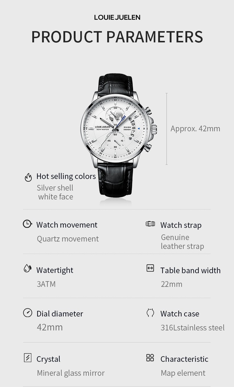 Men Genuine leather Watch Stainless Quartz Multi-functional Classic Wristwatch