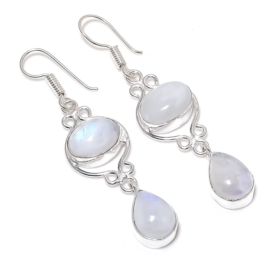Rainbow Moonstone Gemstone Handmade 925 Sterling Silver Jewelry Earring Sz 2.4″