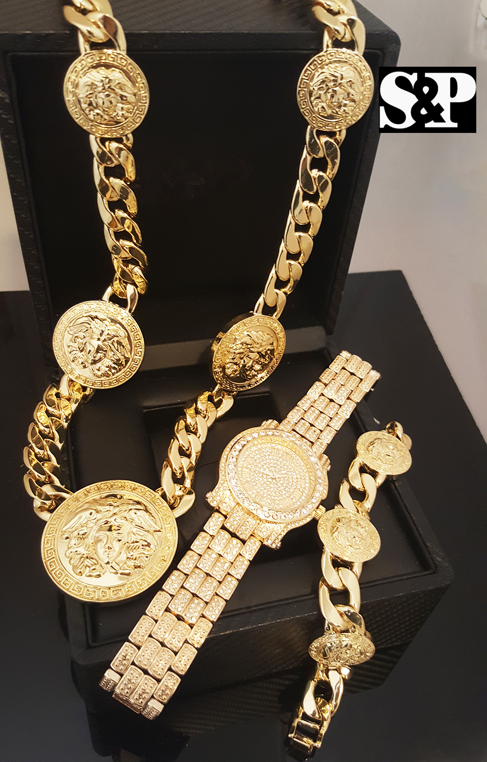 Men Iced Watch & Medusa Head Medallion Cuban Necklace & Bracelet Combo Set