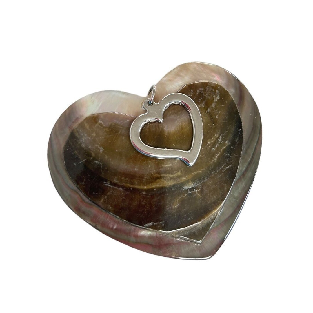 Heart Shaped Shell Silvertone Statement Pendant Brown 2.5″