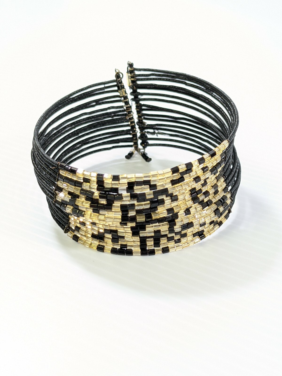 Artisan Black Beige Glass Bead Multi Strand Memory Wire Cuff Bracelet