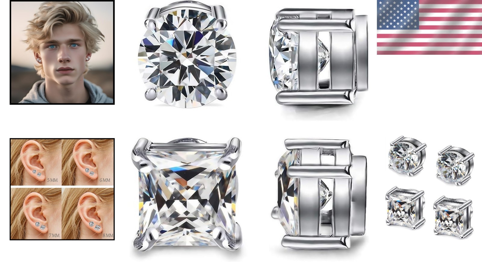 2 Pairs 7mm Magnetic Stud Earrings for Men & Women – Hypoallergenic CZ Clip-ons