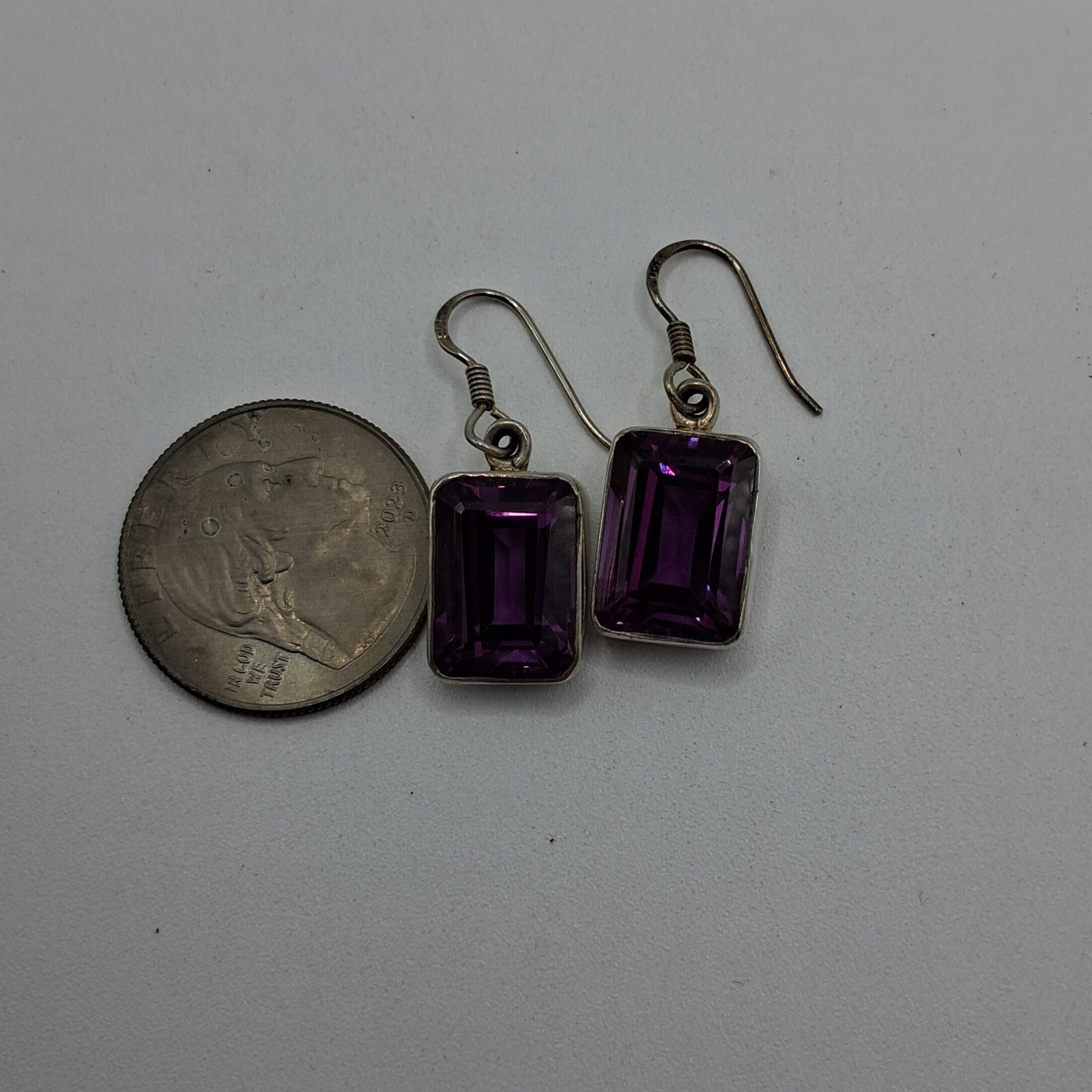 Vintage Pair Sterling Silver Lab Amethyst Drop Earrings 14mm x 9.7mm Stones