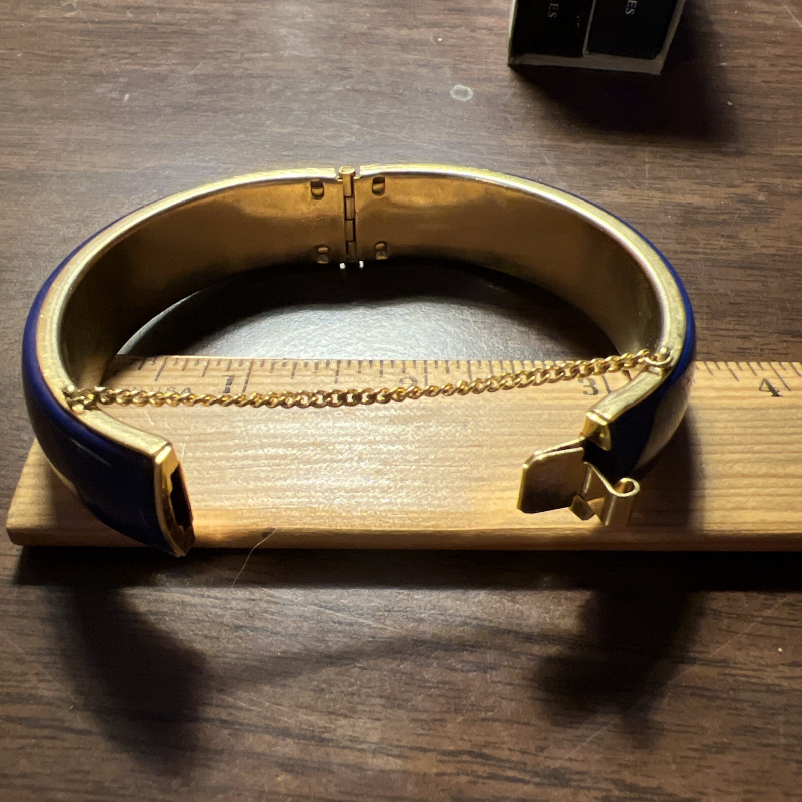 Vintage Blue Enamel Hinged Bangle Bracelet Gold Tone With Safety Chain