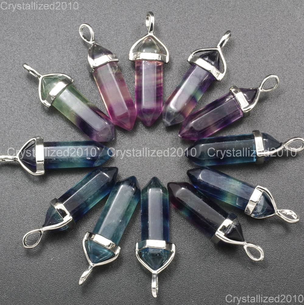 Natural Gemstone Multi-Colored Fluorite Hexagonal Pointed Healing Pendant Beads