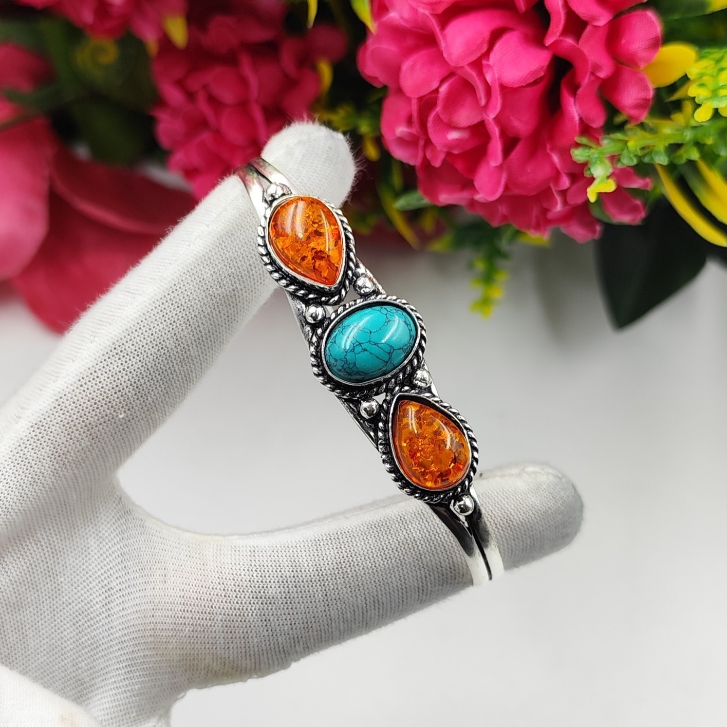 Amber&Turquoise Gemstone 925 Sterling Silver Jewelry Cuff Bracelet Adjustable”
