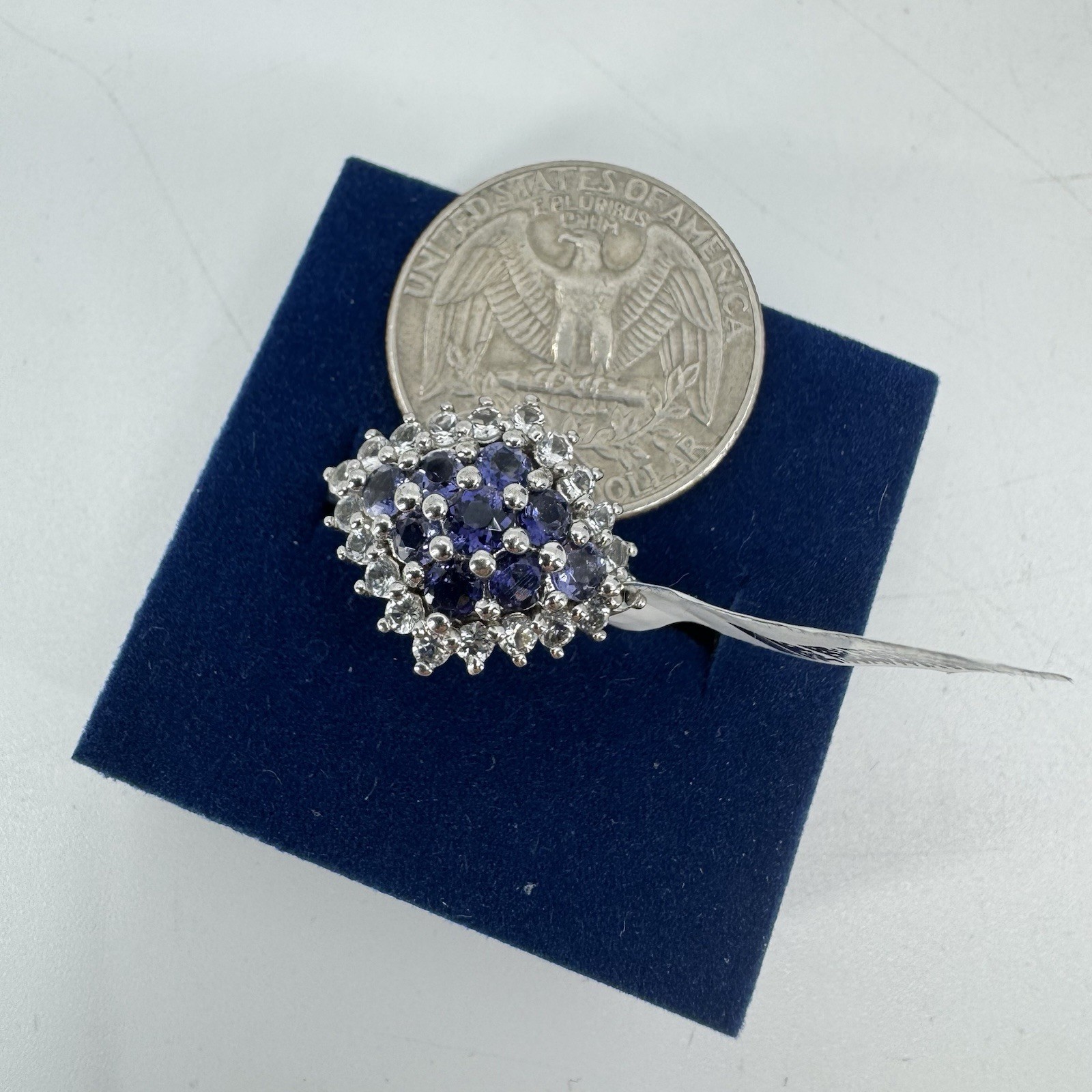 Sterling Silver 1.1ctw Iolite & 0.84tcw White Topaz Cluster Ring NOS W/ Box Sz 8