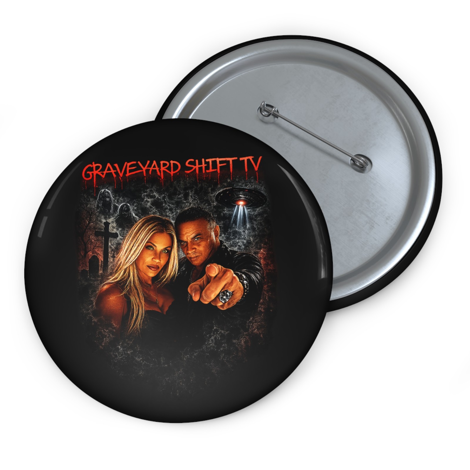 Graveyard Shift TV Pin Button Horror Paranormal UFO Badge Glossy 3 Inch NEW USA