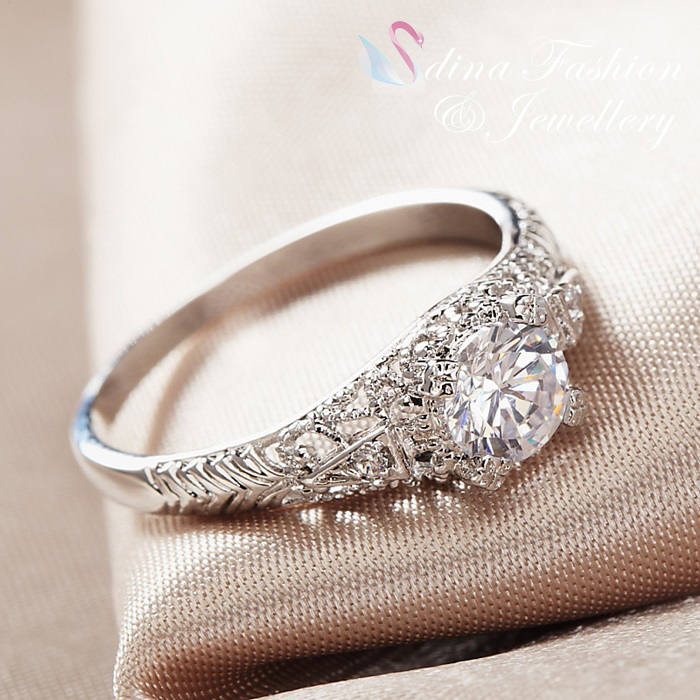 18K White Gold plated AAA Grade Cubic Zirconia Vintage HollowOut Engagement Ring