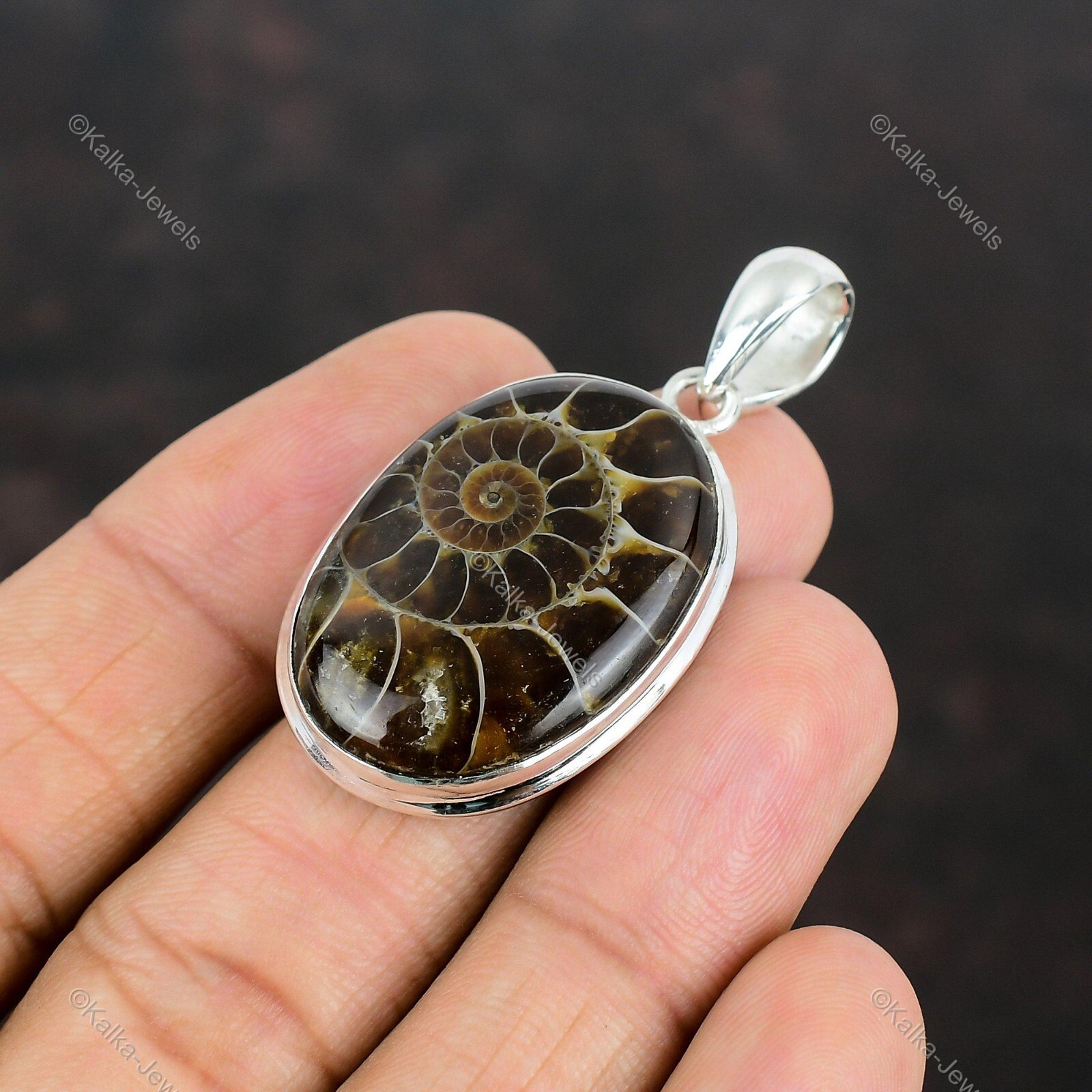 Natural Ammonite Fossil Gemstone Pendant 925 Sterling Silver Indian Jewelry
