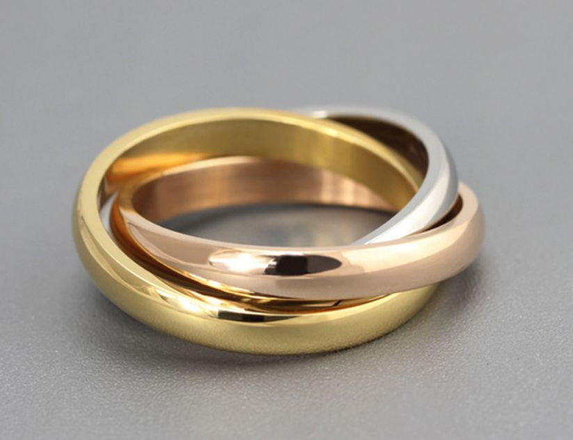 18KGP Stainless Steel 316L Tri Color Interlocking Trinity Rolling Ring Set