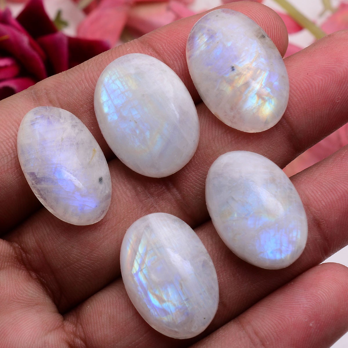 5 Pcs Natural Rainbow Moonstone 23mm-25mm Oval Cabochon Untreated Huge Gemstones
