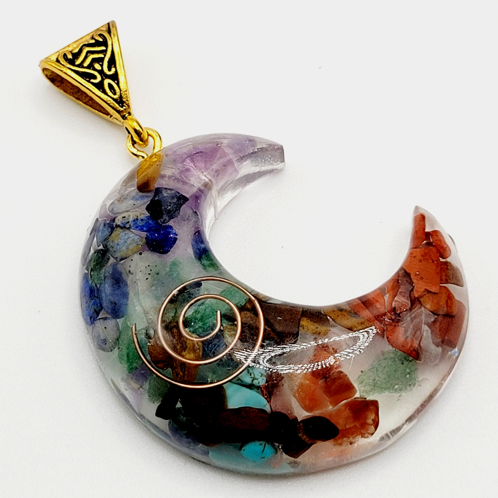 Crescent Moon Shape Orgone Chakra Crystal Chip Pendant Ornate Bail No Chain
