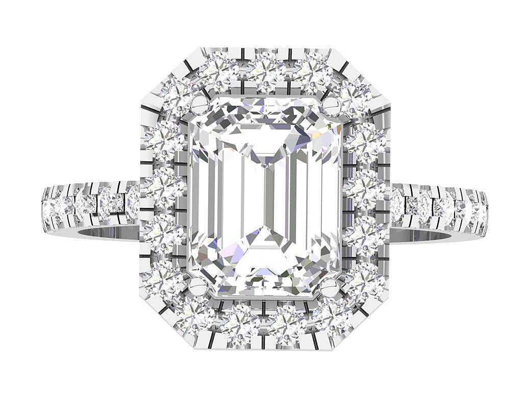 14K Gold VS F 2.60 Ct Emerald Lab Grown Diamond Halo Solitaire Engagement Ring