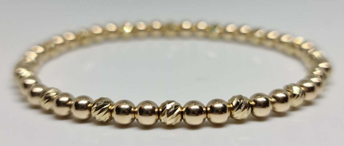 14K Solid Yellow Gold Bar Cut Faceted /Smooth Round 4mm Stretch Unisex Bracelet
