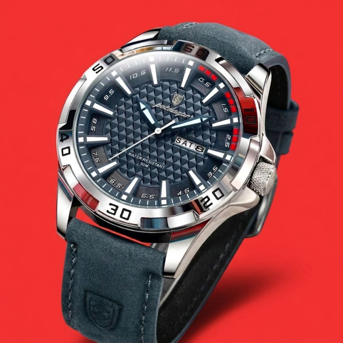 Mens Waterproof Luminous Nautical Watch Luxury Sport Silver Bezel Dark Blue Dial