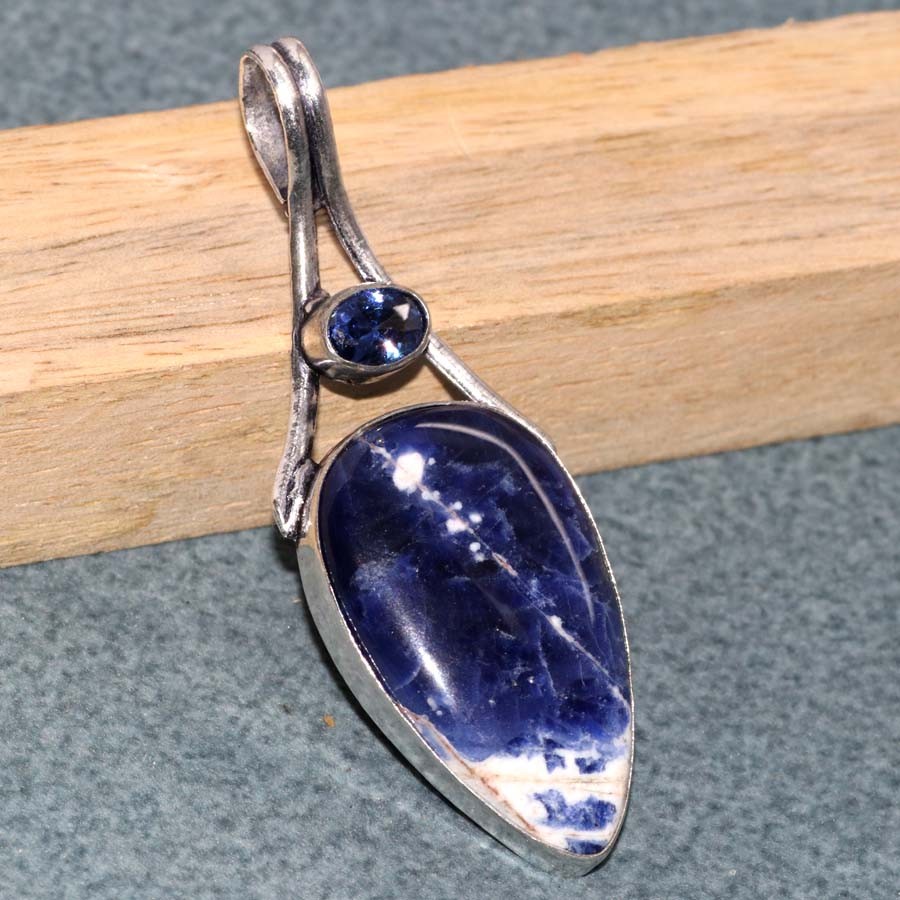 Long Sodalite Iolite Topaz 925 Silver Plated Pendant 2.5″ Most Beautiful JW