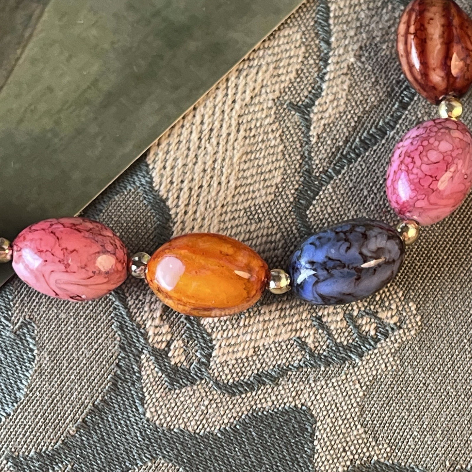 Vtg 48” Hong Kong Acrylic Egg Bead Sautoir Necklace – Easter Colors Gold Spacers
