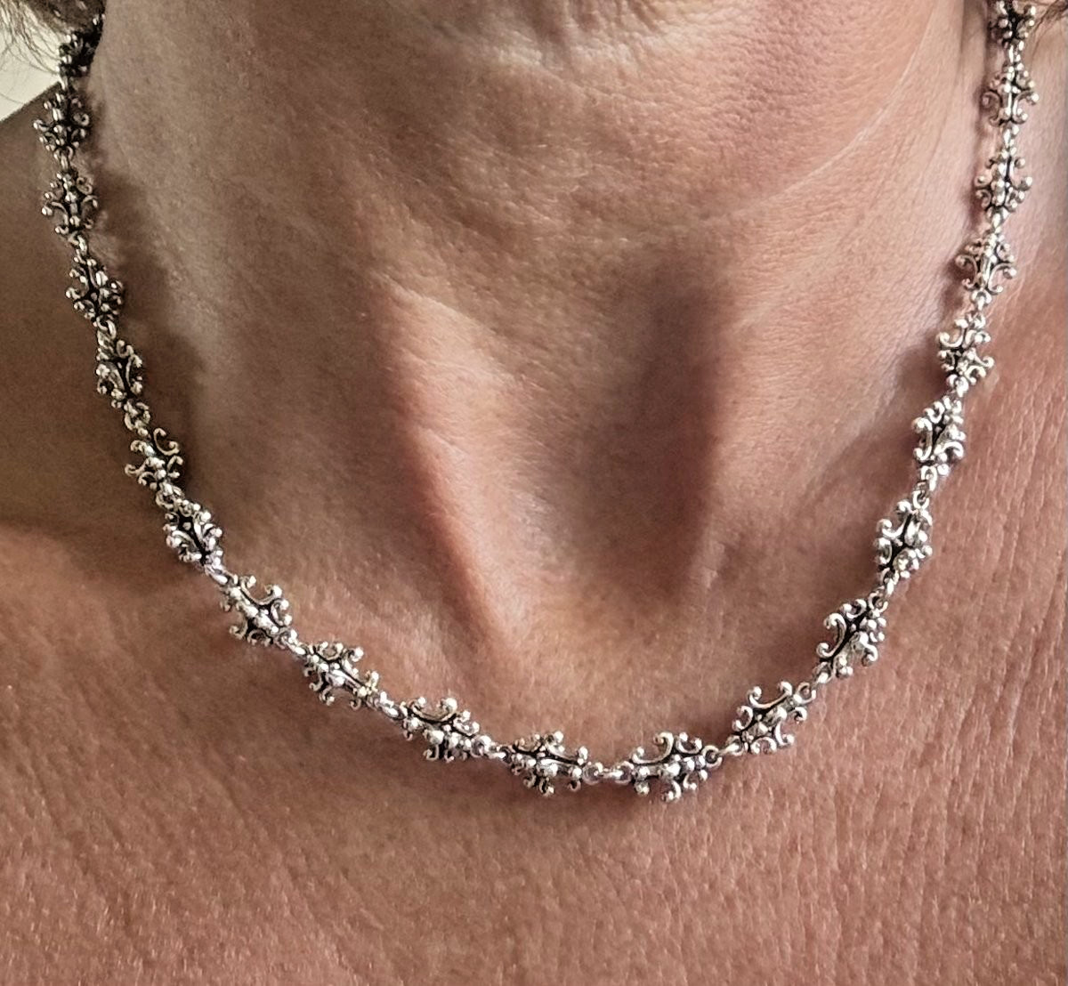 Sterling Silver 925 Indonesia Filigree Scroll Link Necklace