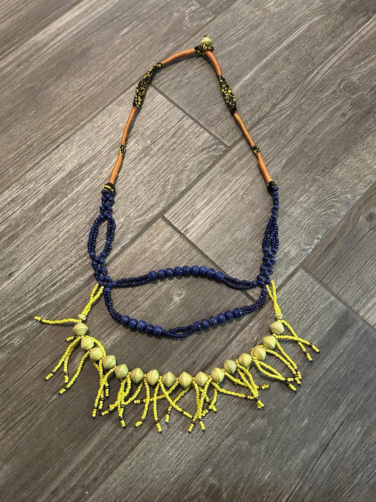 Noonday Collection Handmade African Beaded Bib Necklace Yellow Blue Brown.