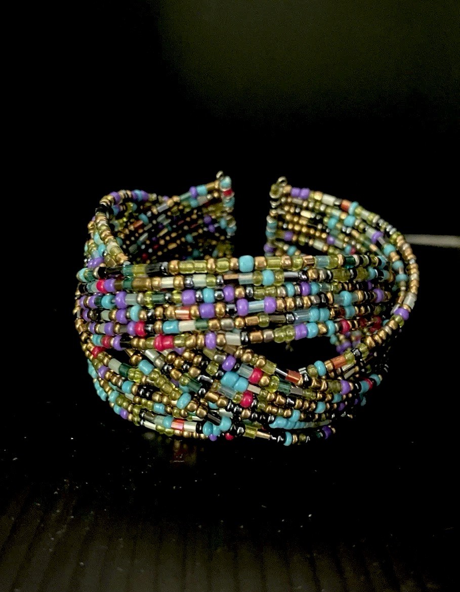 Vintage Multi-Strand Seed Bead Cuff Bracelet – Purple, Teal & Gold Twisted