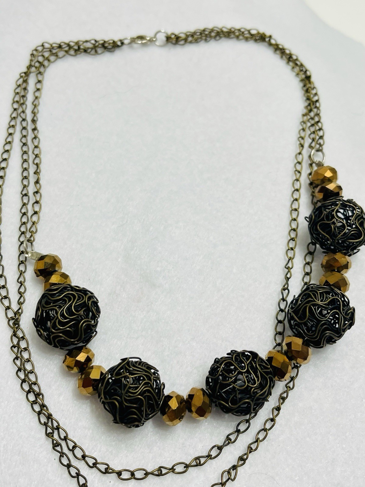 Bronze Black Wire Wrapped Cage Beaded Necklace Multi Chain Artisan