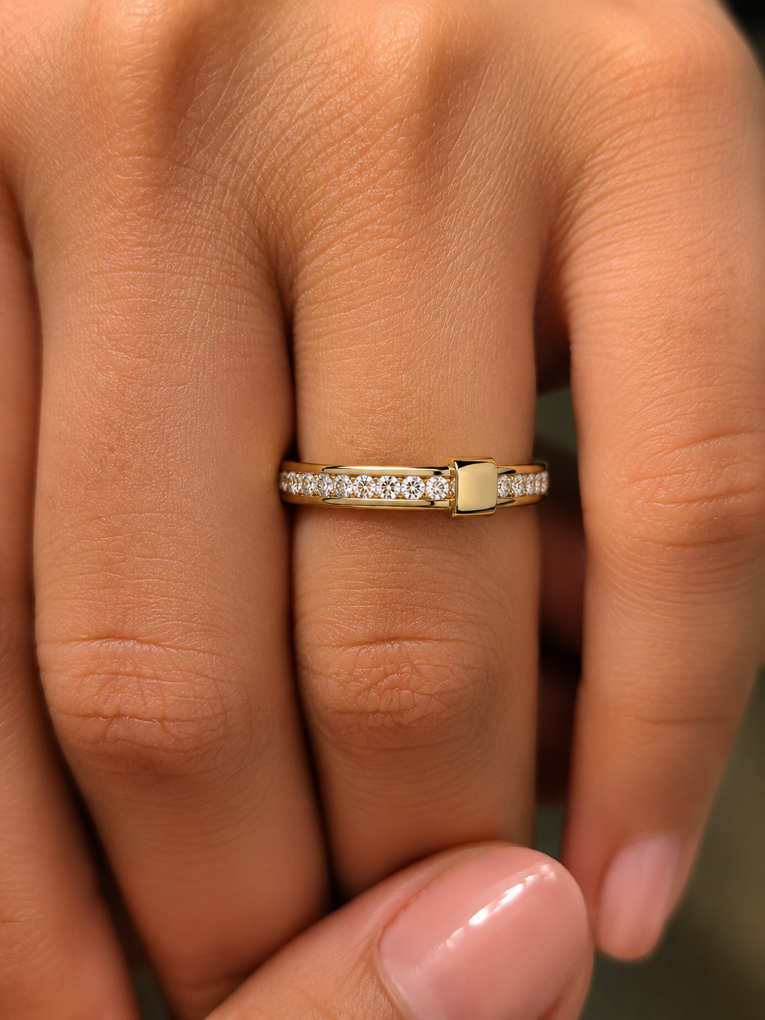 0.70 CTW Round Lab Grown Diamond Channel Set Buckle Rings DEF VVS VS 925 Silver