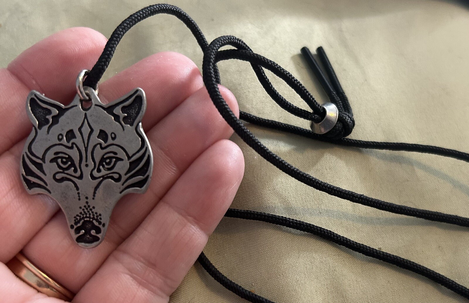 Vintage “PEPI” Pewter WOLF Pendant Cord Necklace