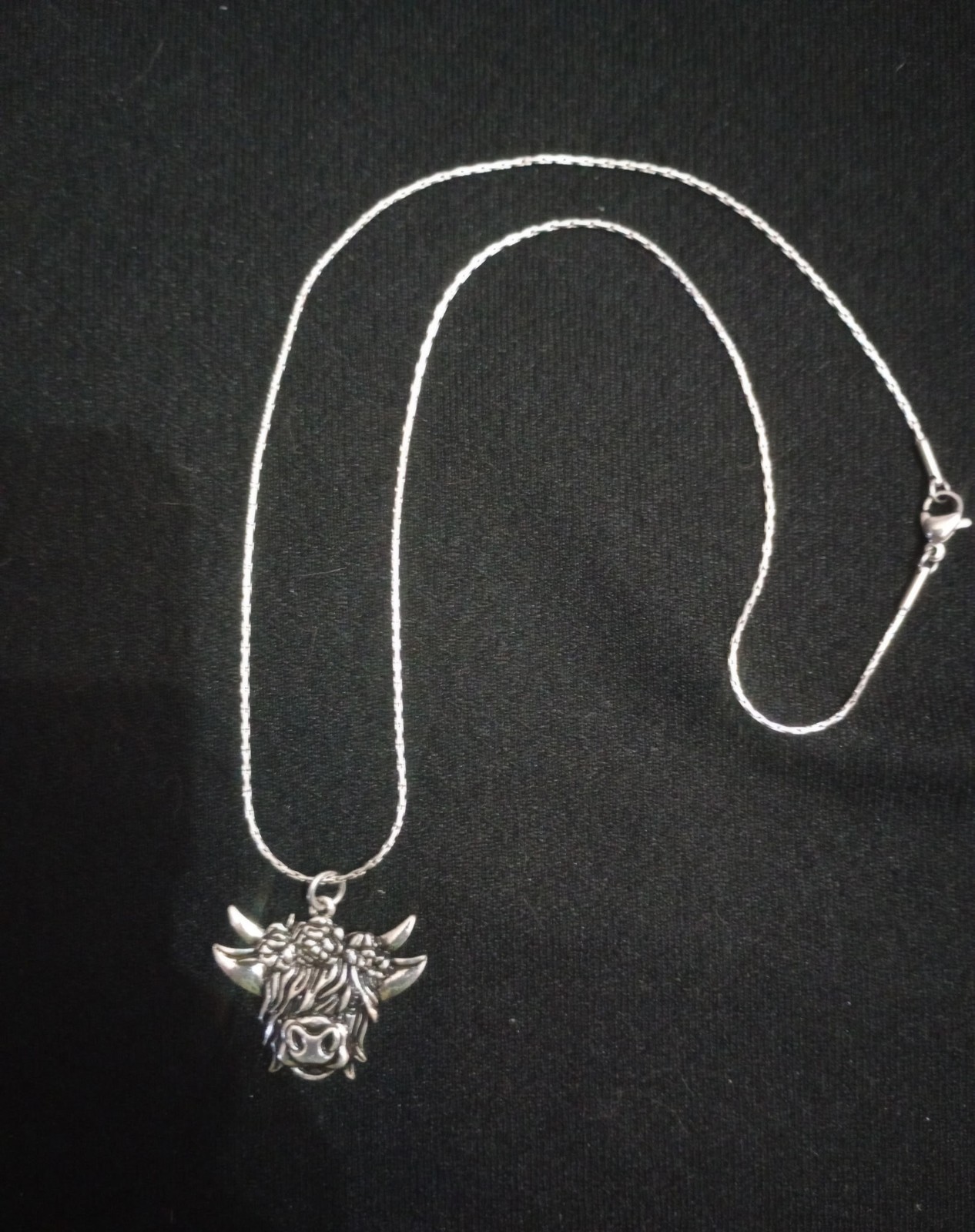 Silver Tone Chain Necklace, Scottish Highland Cow Charm Pendant, Animal Theme