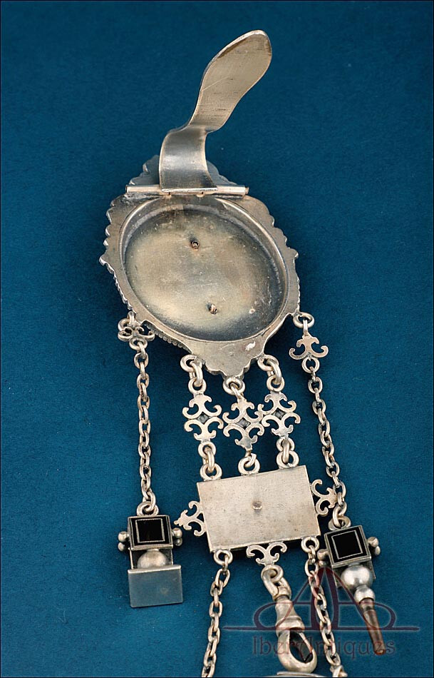Antique French Chatelaine Silver-Plated Metal and Enamel. France, Circa 1840