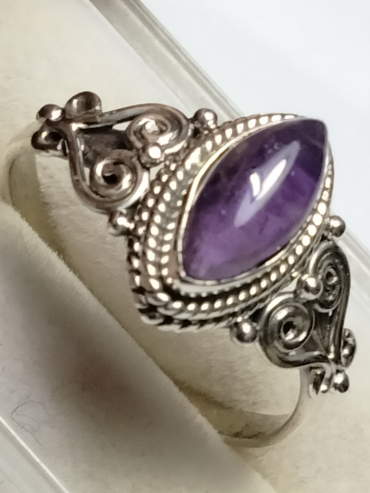 NATURAL AMETHYST IN TRENDY FILIGREE&HALO SET STL. SILVER.925 RING SIZE 9.0-9.25!