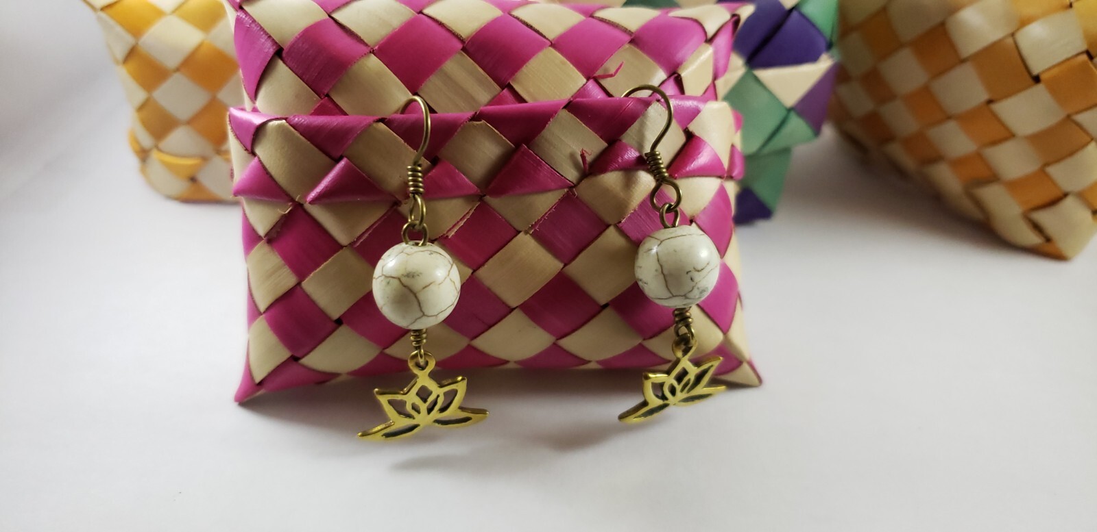 Handmade Southeast Asia Cambodia Ethnic White Stone Lotus Brass Earrings Jewelry