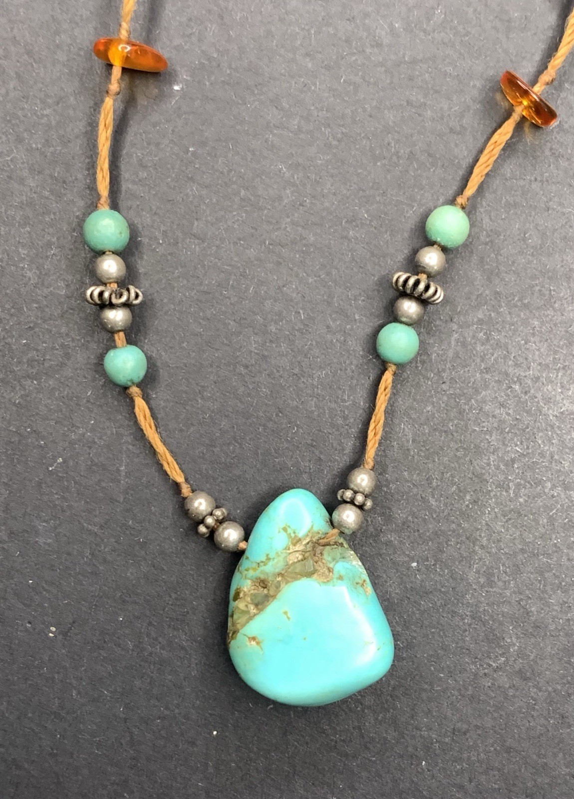 Genuine Turquoise Necklace Real Amber Beads Southwestern Pendant