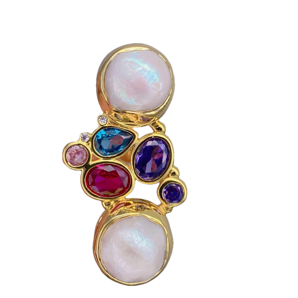 Cultured White Pearl Multi Color Crystal Finger Rings Adjustable Gold Plated