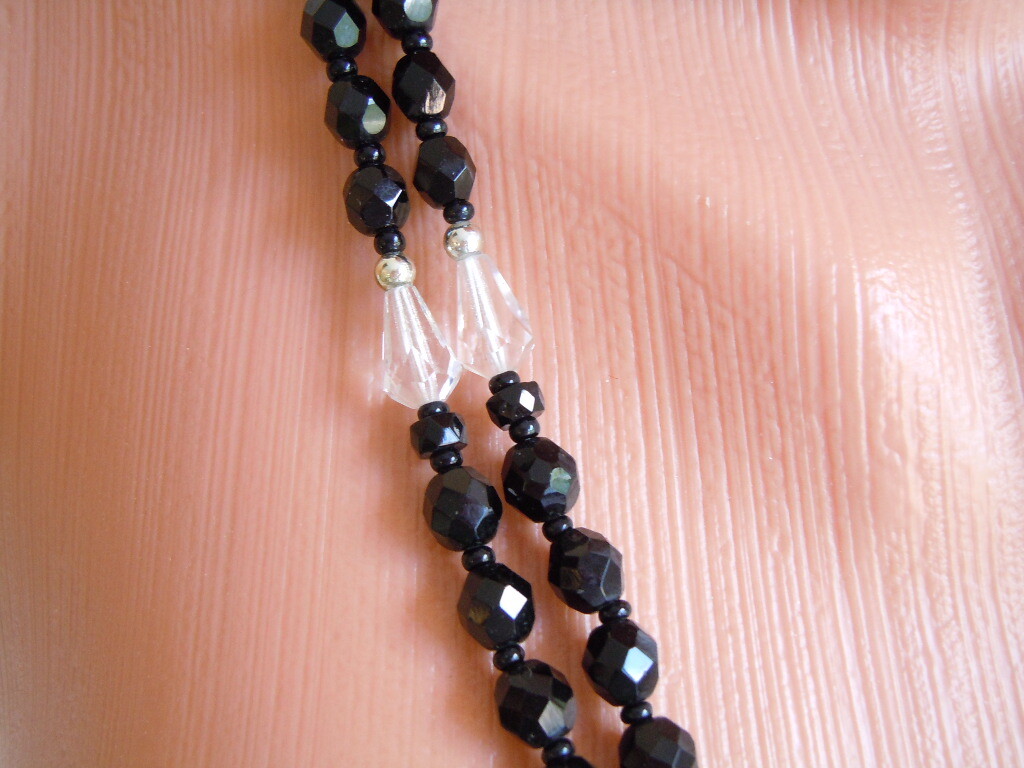 Vintage Necklace Black Glass Faceted Beads Clear Drops 2-Strands 65.5 Cm