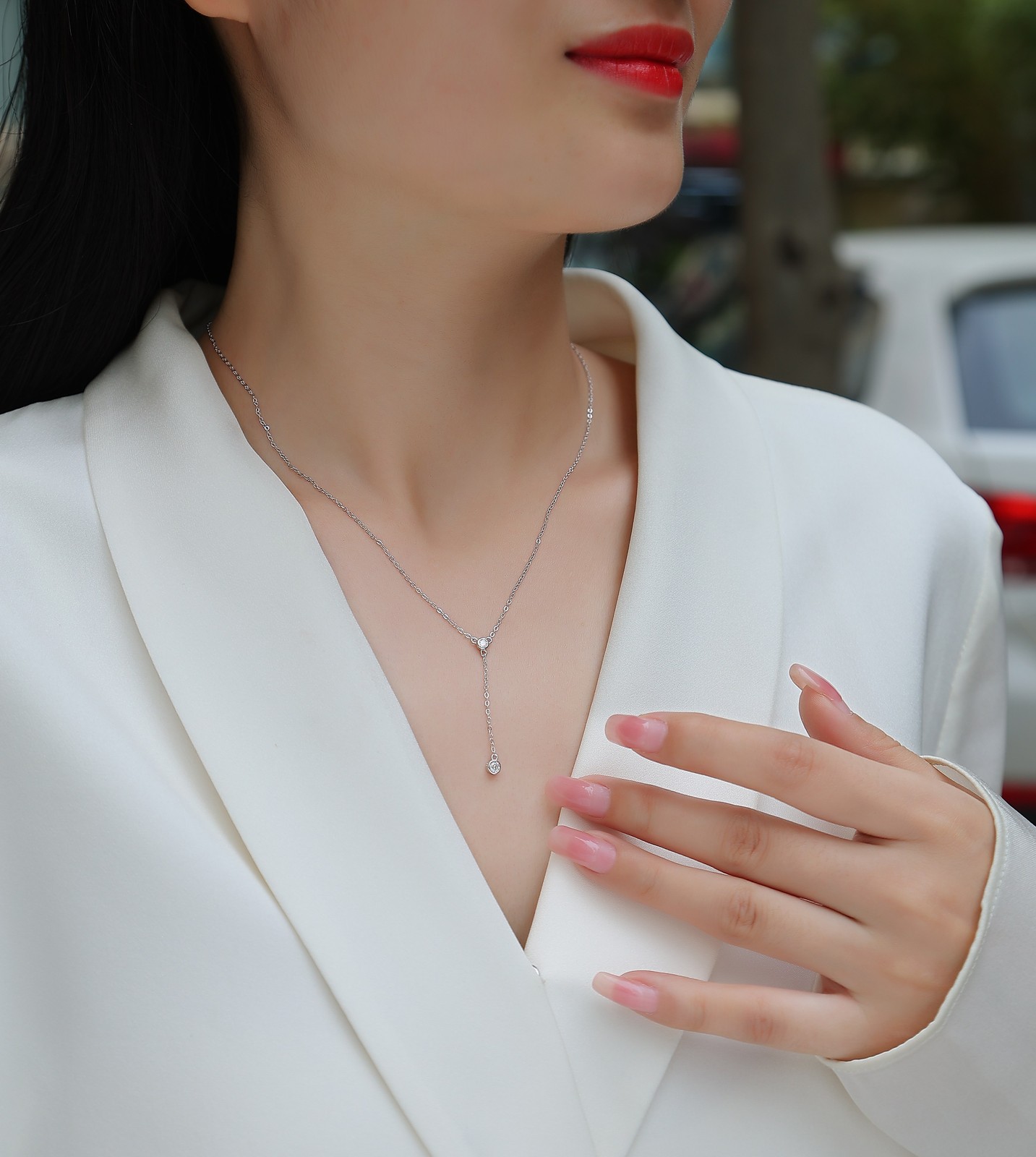 925 Sterling Silver Tassel Lariat Necklace Moissanite Platinum GRA Cert