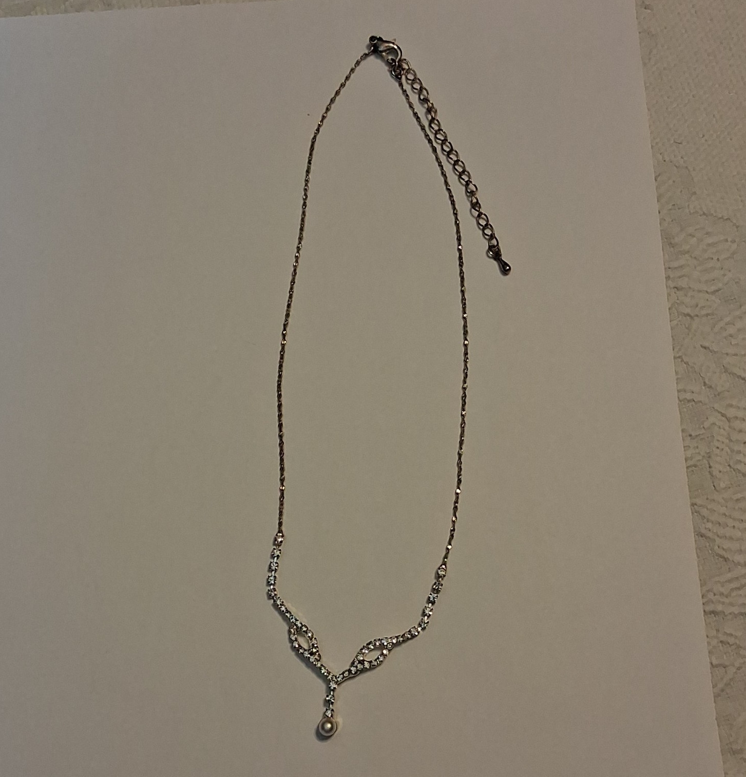 Silver Tone Crystal Round Charm Pendant Necklace Faux Pearl Drop Lobster Clasp