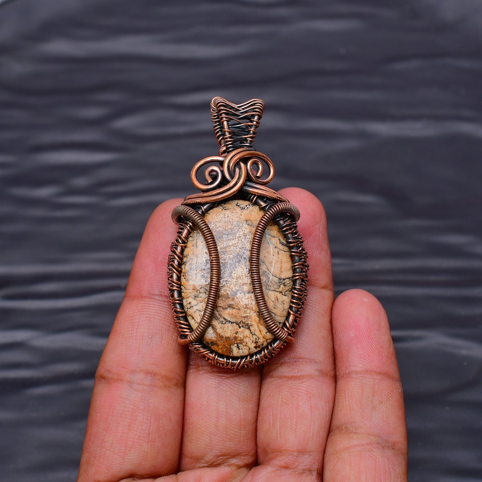Picture Jasper Gemstone copper wire wrapped Handmade pendant Jewelry 2.16″