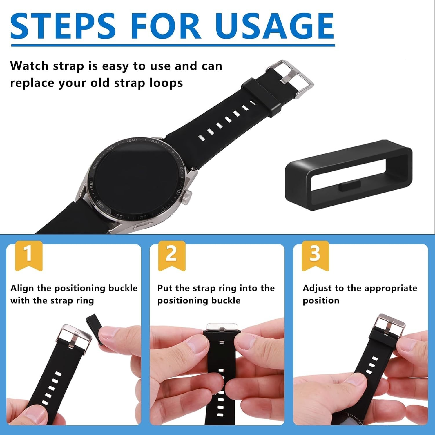 Flexible Black Watch Strap Loops (6-Piece Set) – Sizes 16mm to 26mm for Easy Fit