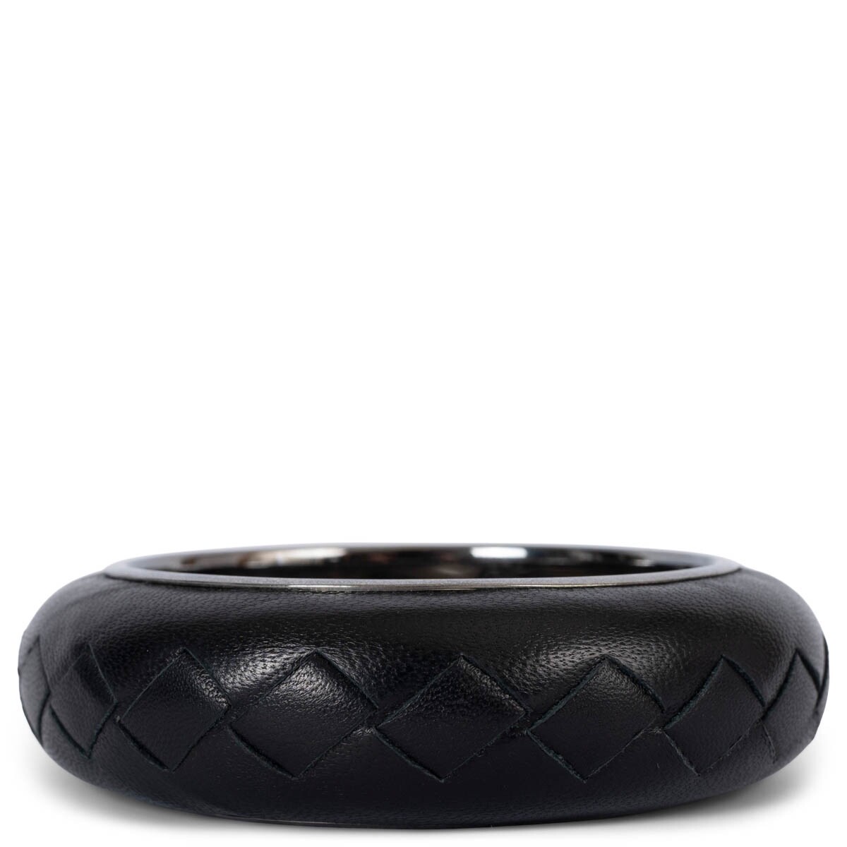 69492 auth BOTTEGA VENETA black INTRECCIATO LEATHER & STERLING SILVER Bracelet