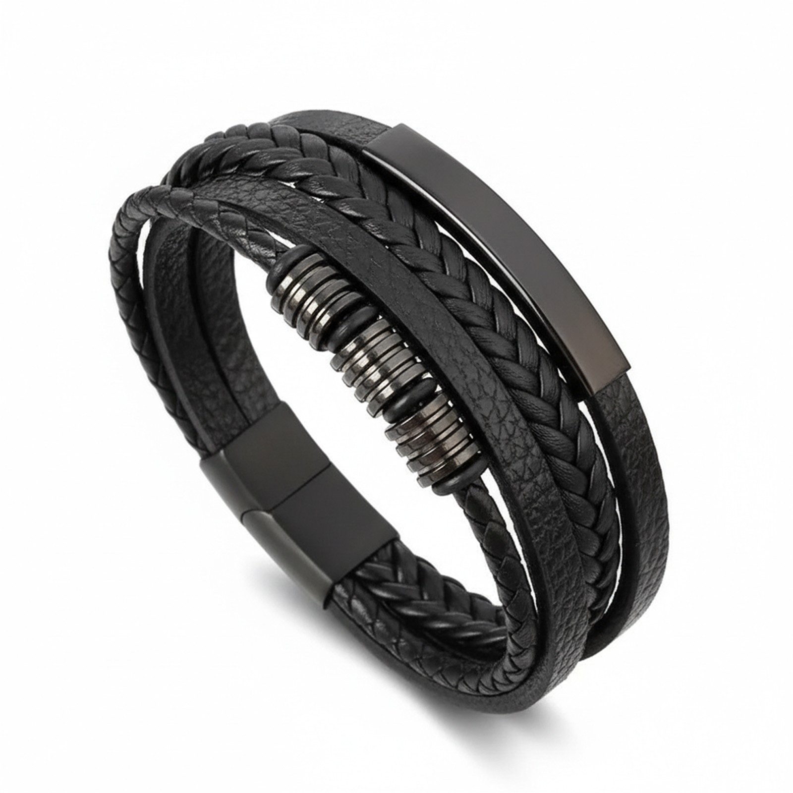 Men’s Leather Bracelet Braided Wristband Magnetic Buckle – Black Silver Gold