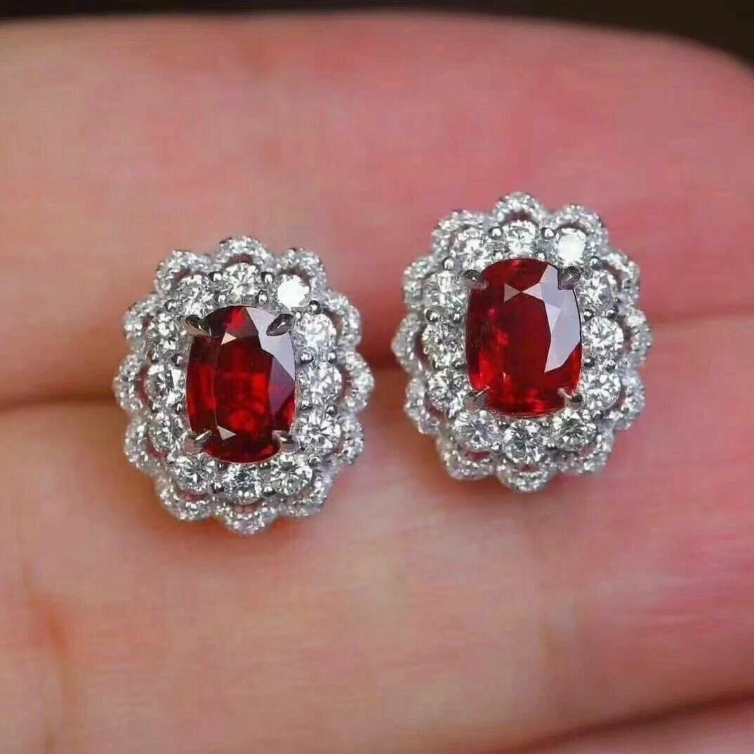 3.1Ct Oval Cut Lab-Created Red Ruby Women’s Stud Earrings 14K White Gold Plated