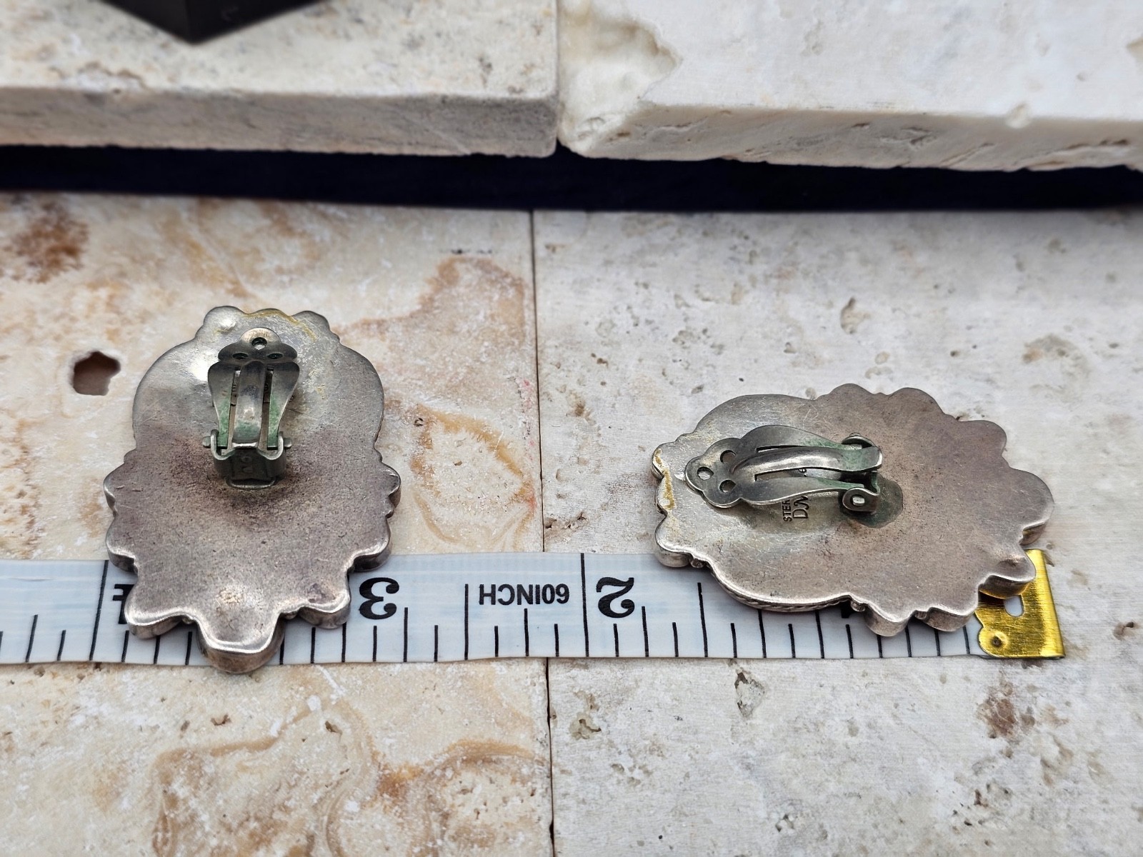 Vintage D.M. Lee Navajo Sterling Spiny Oyster Multi Stone Heart Clip Earrings