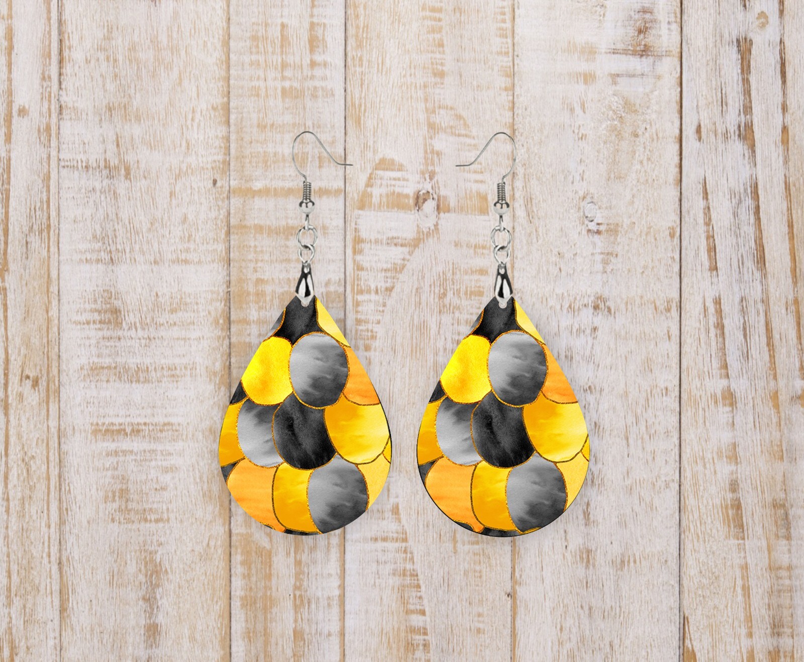 Yellow Black and Gray Abstract Wood Tear Drop Printed Earrings Jewelry Western