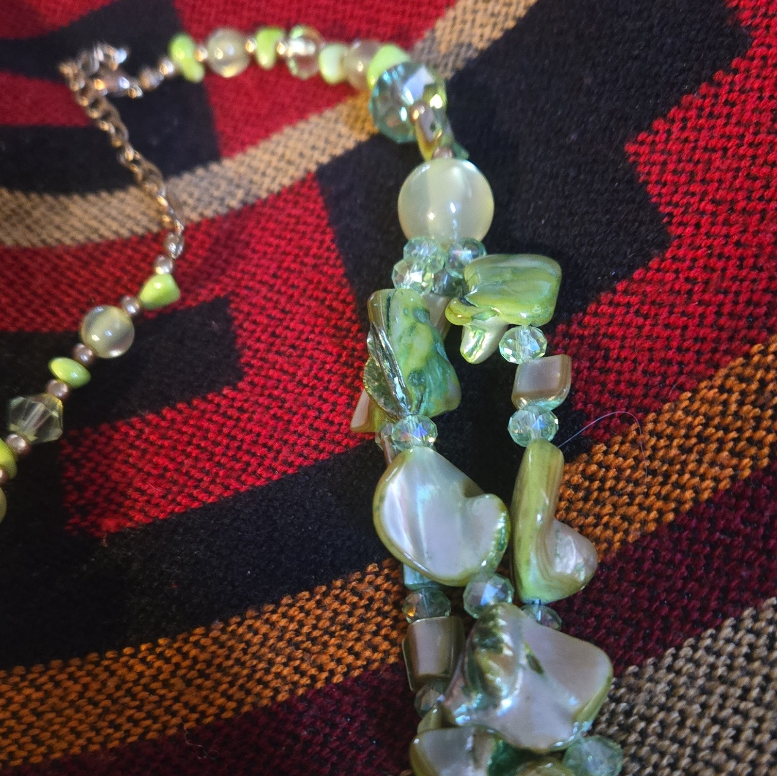 Green Shell & Glass Beaded Statement Necklace Lobster Clasp Adjustable